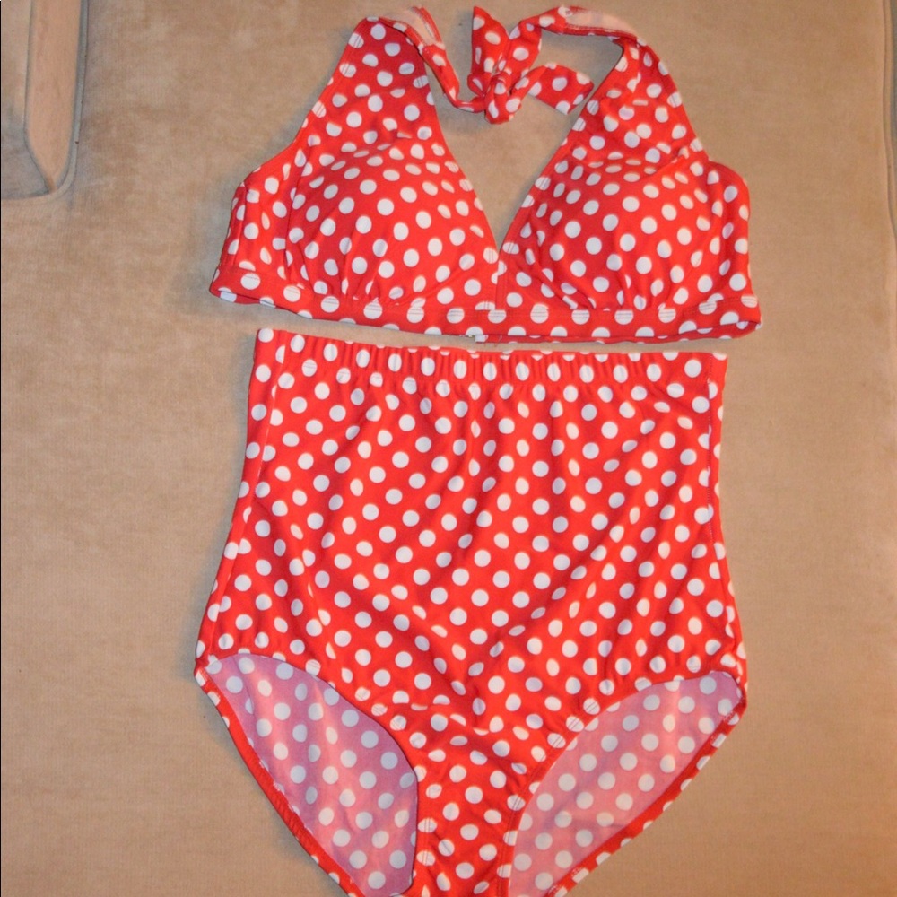 Red and white polka dot 2 piece suit